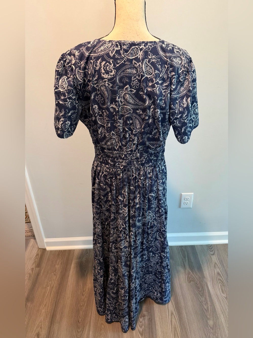 Kate & Sam Blue Paisley Cotton Maxi Dress Smocked Waist Tiered size Large - Picture 3 of 8